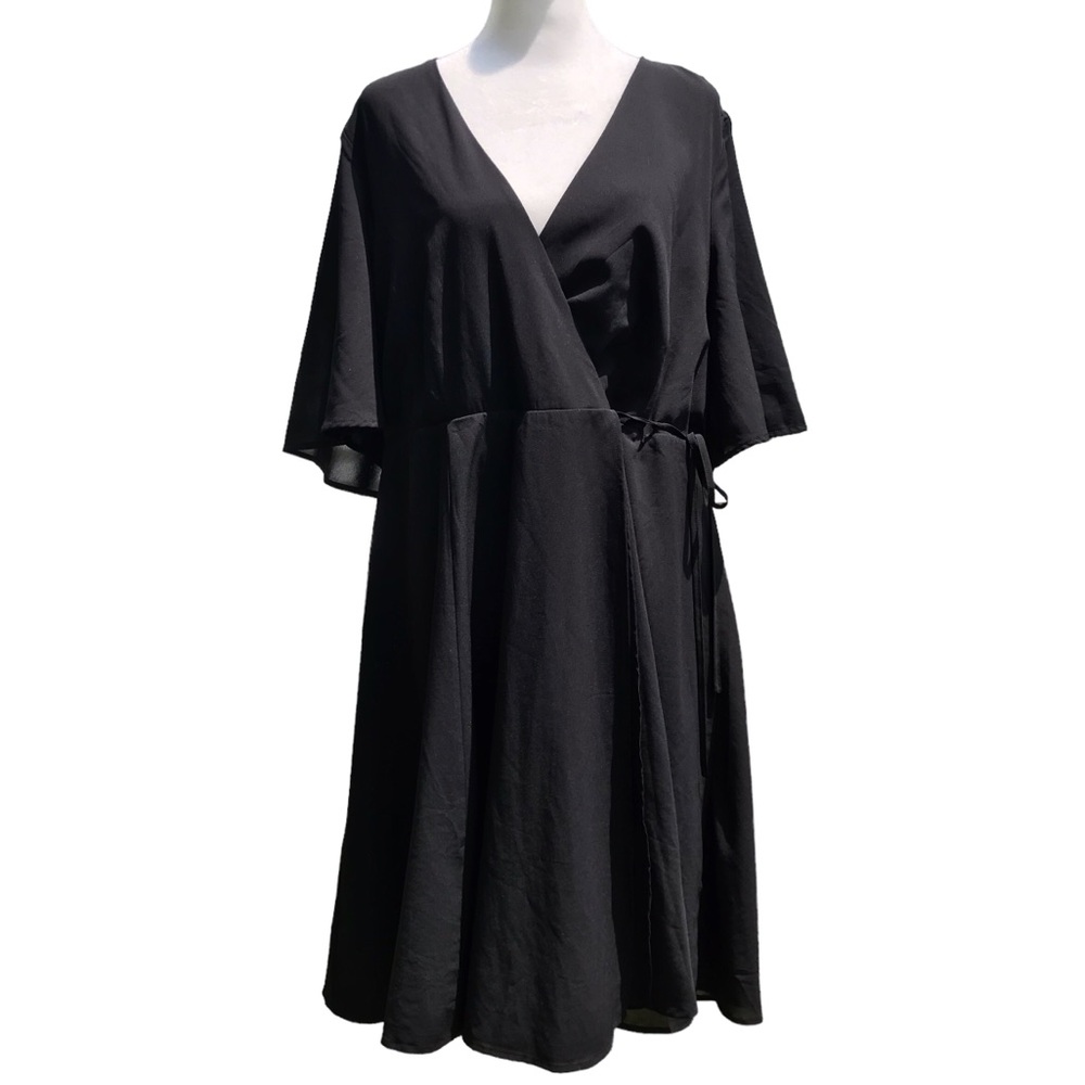 Torrid 14 Black Flutter Sleeve Plunging V Neck Midi Flirty Hemline Wrap Dress